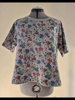 EVA FRANCO Floral Thick Short Sleeve Sage Green Pink & Blue Blossom.